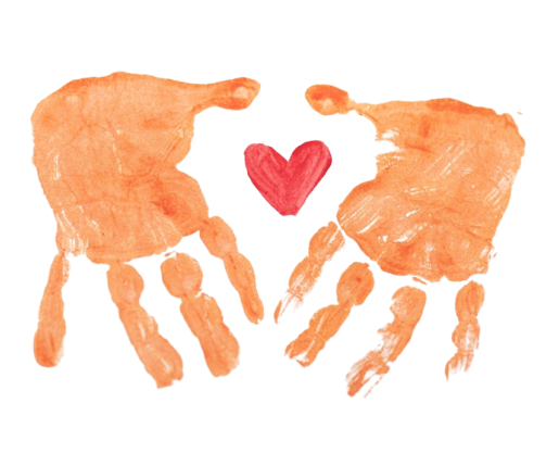 Two orange handprints with a red heart between them.